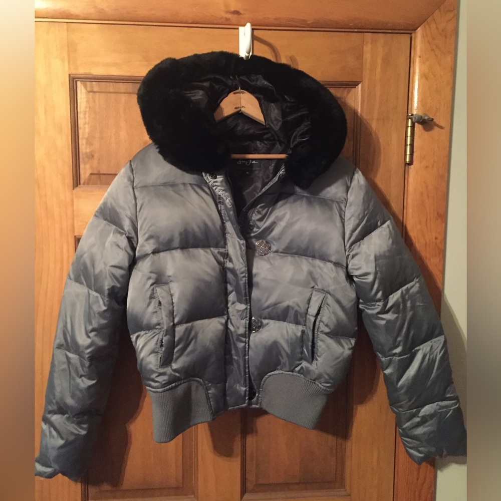 Sean John Puffer Bomber Hooded Jacket Womens XL Metallic Grey Faux Fur Full Zip